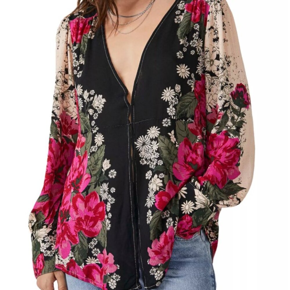 Free People Black Tunic with Hot Pink Floral Accent